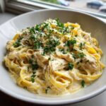 A close-up of creamy chicken fettuccine alfredo topped with grated Parmesan cheese and fresh parsley.