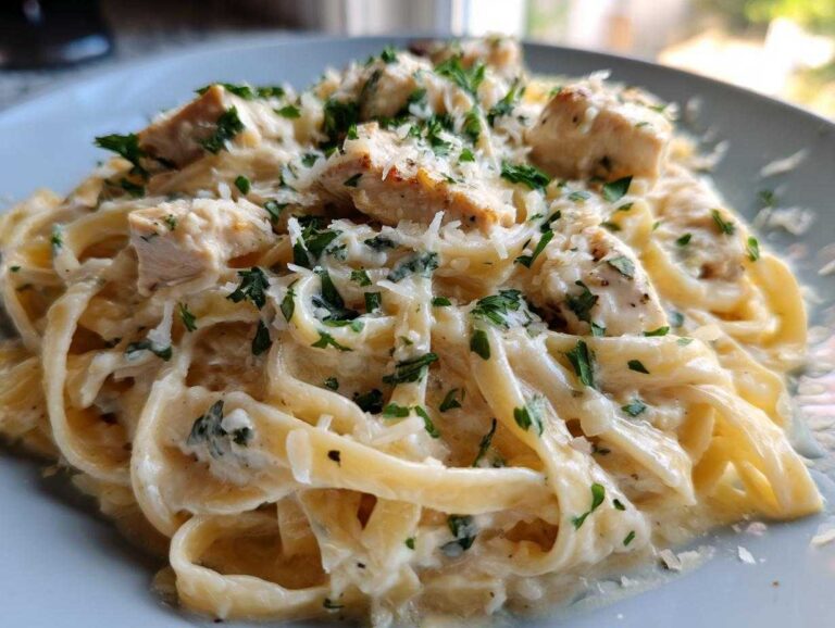 A close-up of creamy chicken fettuccine alfredo pasta topped with grated Parmesan and fresh parsley.
