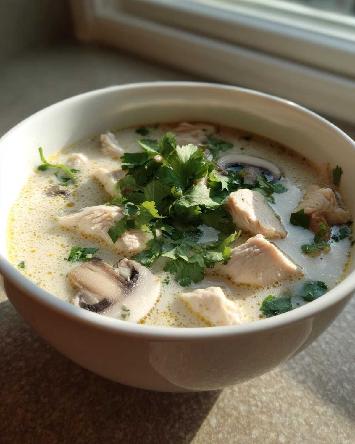 A close-up of a white bowl filled with creamy coconut soup containing chunks of chicken, sliced mushrooms, and fresh cilantro garnish.