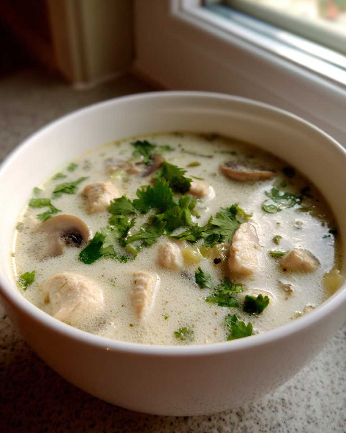 Close-up of a white bowl filled with creamy chicken and mushroom coconut soup, garnished with fresh cilantro.