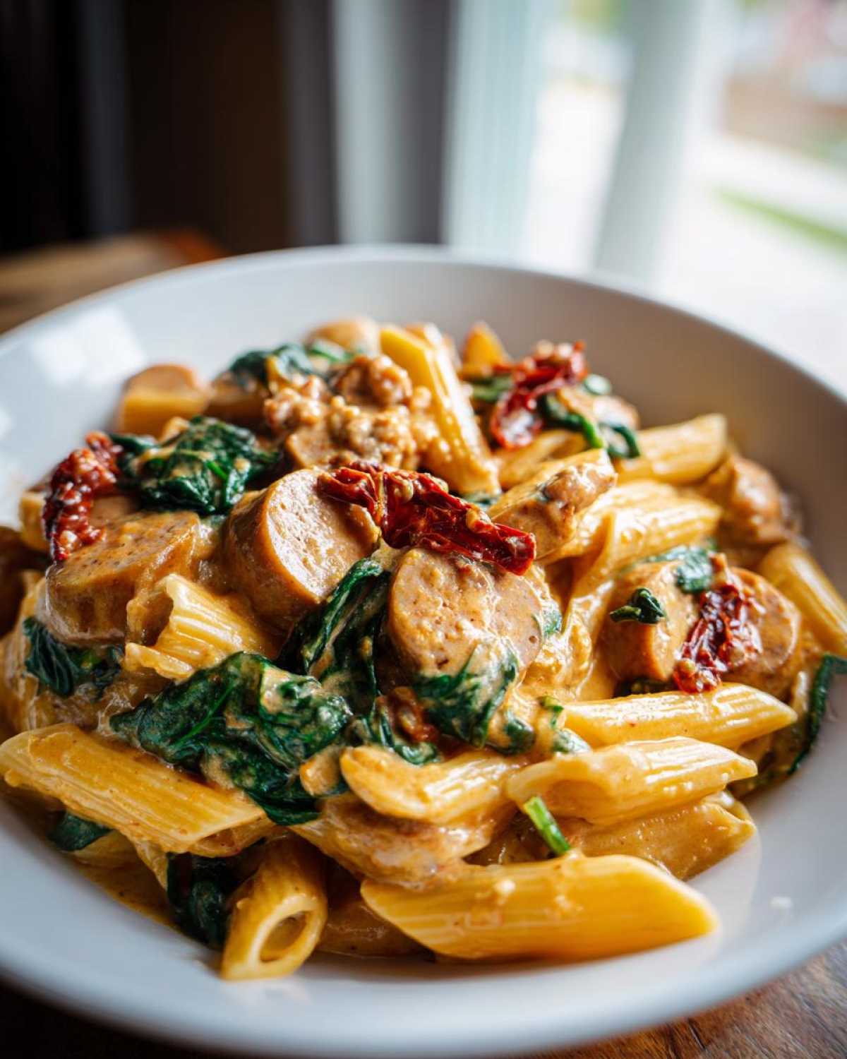 Close-up of creamy chicken sausage pasta featuring penne, sliced sausage, spinach, and sun-dried tomatoes.
