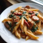 A close-up of creamy chicken sausage pasta featuring penne, sliced sausage, wilted spinach, and sun-dried tomatoes.