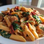 A close-up of creamy chicken sausage pasta featuring penne, sliced sausage, spinach, and sun-dried tomatoes.