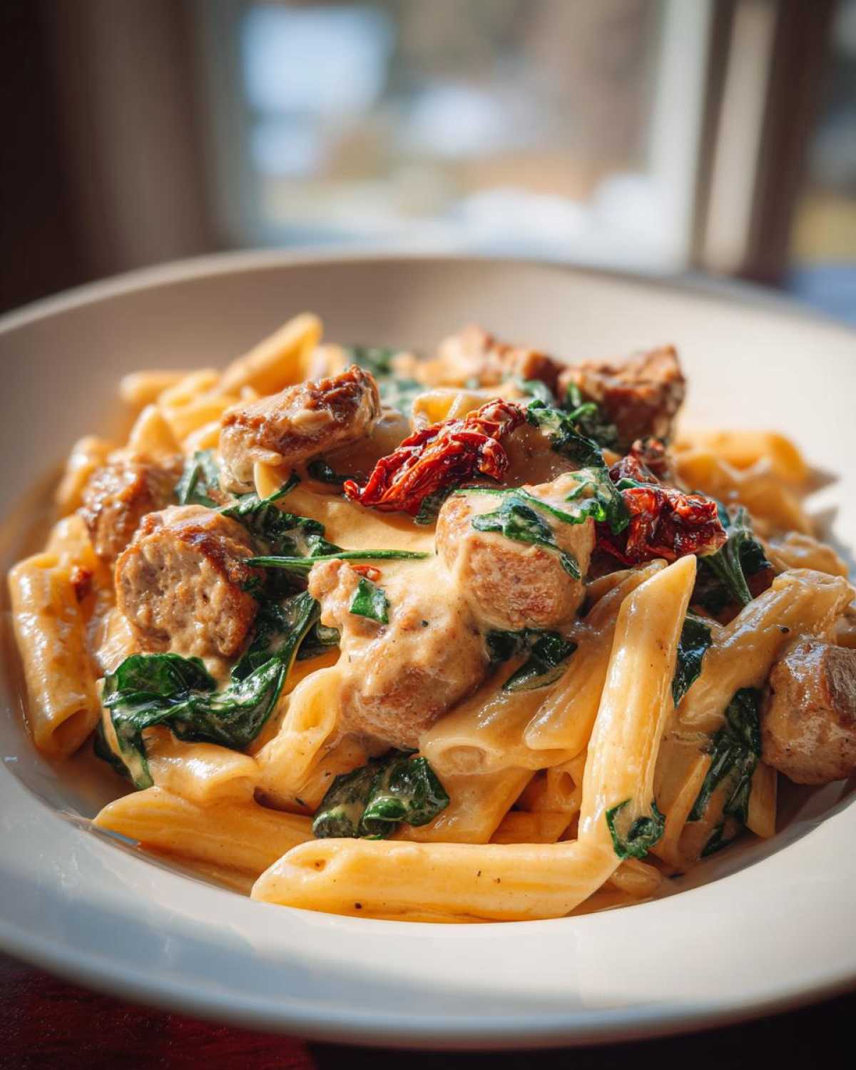 Close-up of creamy chicken sausage pasta featuring penne, spinach, and sun-dried tomatoes in a rich sauce.