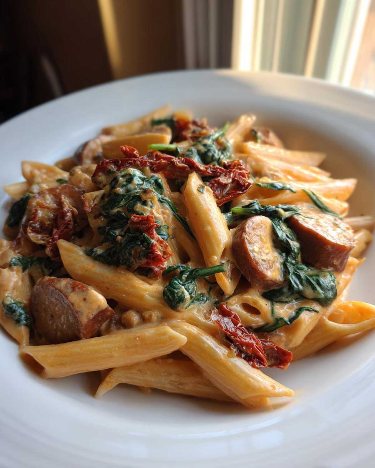 Close-up of creamy chicken sausage pasta featuring penne, spinach, and sun-dried tomatoes in a white bowl.