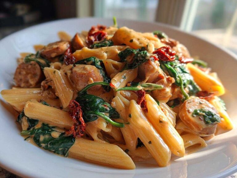 A close-up of creamy chicken sausage pasta featuring penne, sliced sausage, spinach, and sun-dried tomatoes.