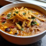Close-up of a rich, creamy chicken tortilla soup topped with crispy tortilla strips and cilantro.