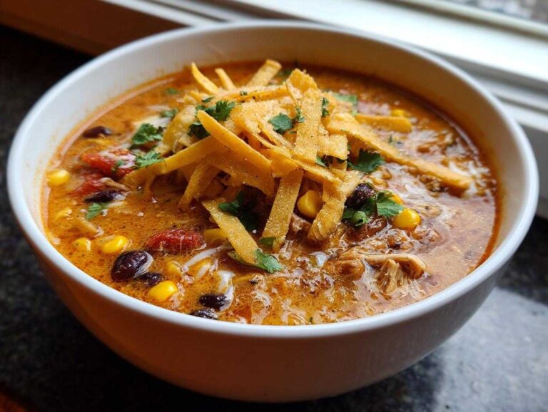Close-up of a rich, creamy chicken tortilla soup topped with crispy tortilla strips and cilantro.