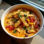 Close-up of creamy chicken tortilla soup topped with tortilla strips, corn, tomatoes, and cilantro.