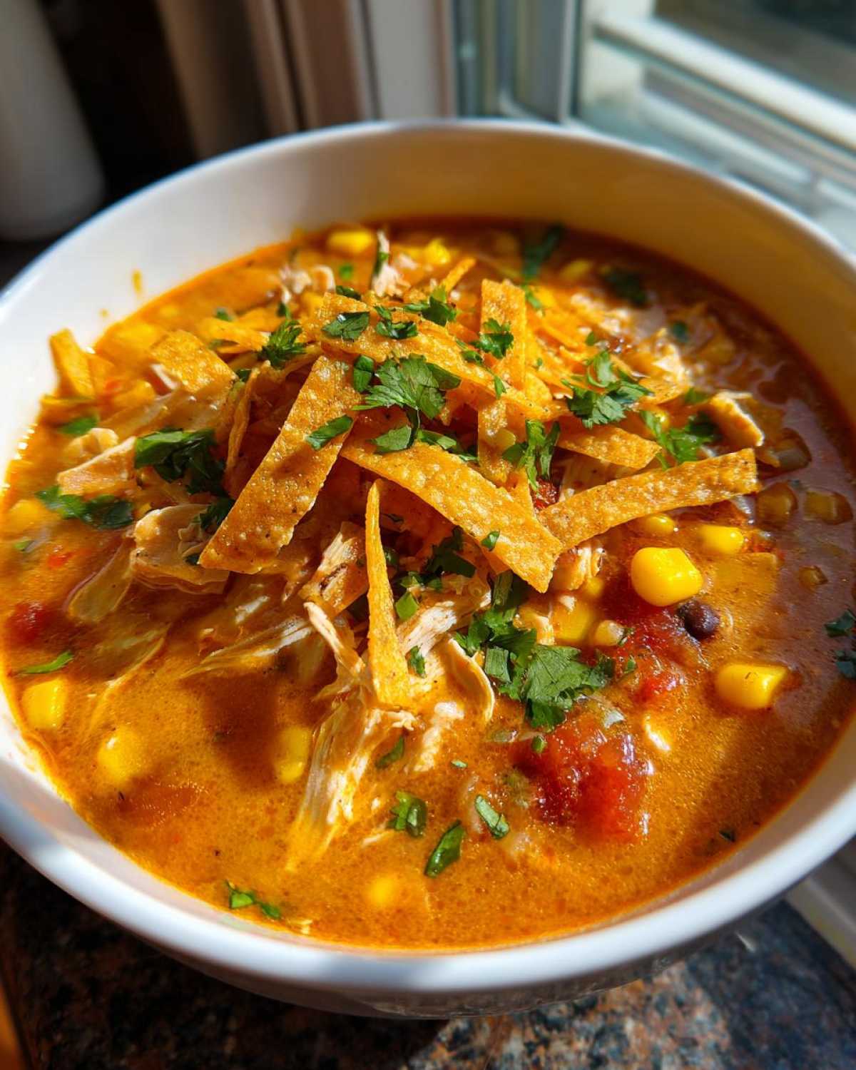 Close-up of a bowl of creamy chicken tortilla soup, topped with shredded chicken, corn, and crispy tortilla strips.