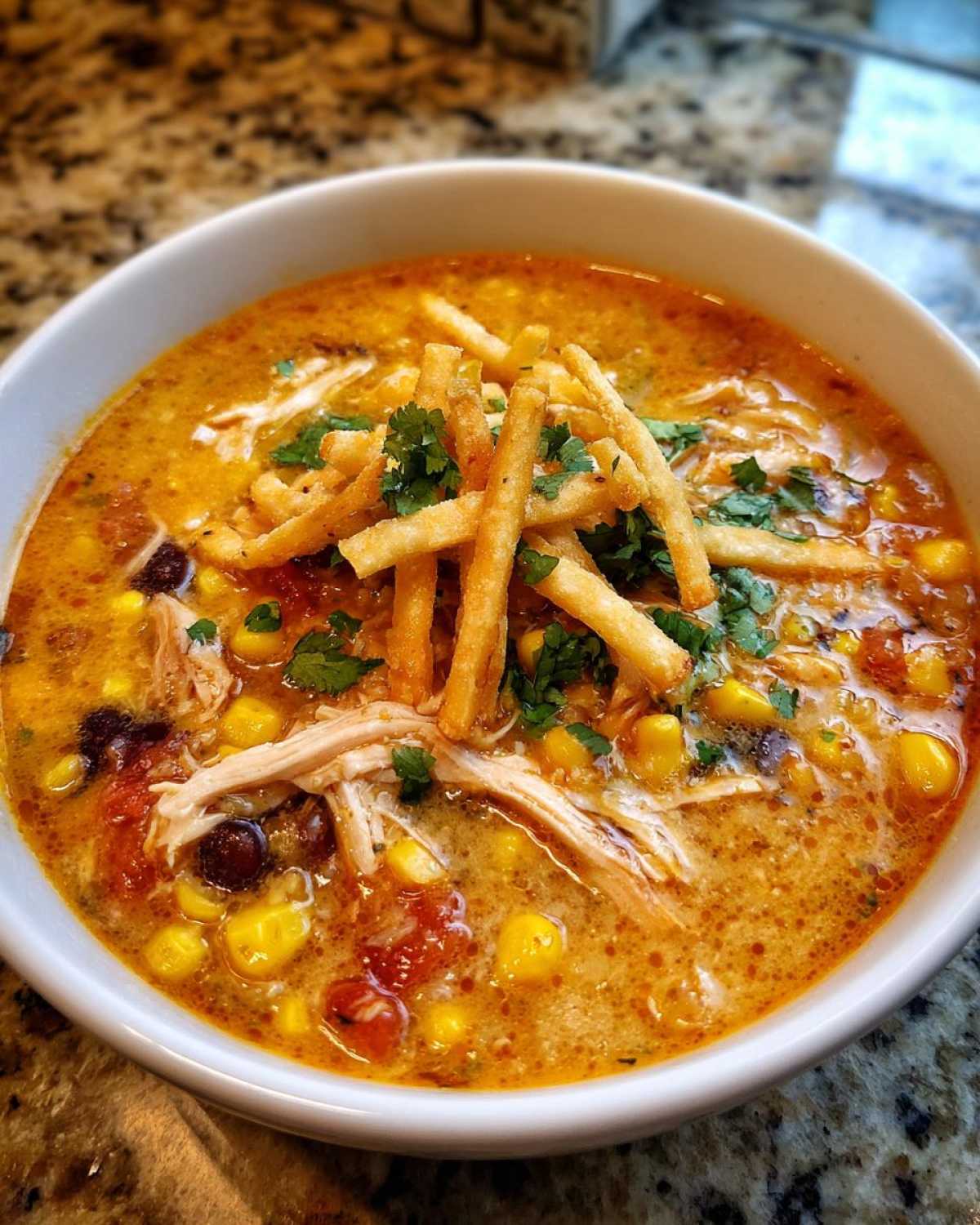 Close-up of a bowl of creamy chicken tortilla soup topped with crispy tortilla strips and cilantro.