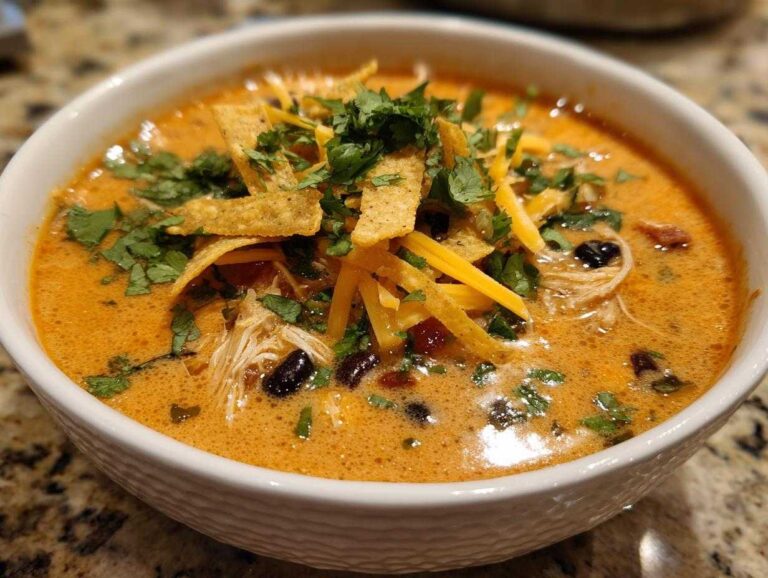 Close-up of a bowl of creamy chicken tortilla soup topped with shredded cheese, tortilla strips, and cilantro.