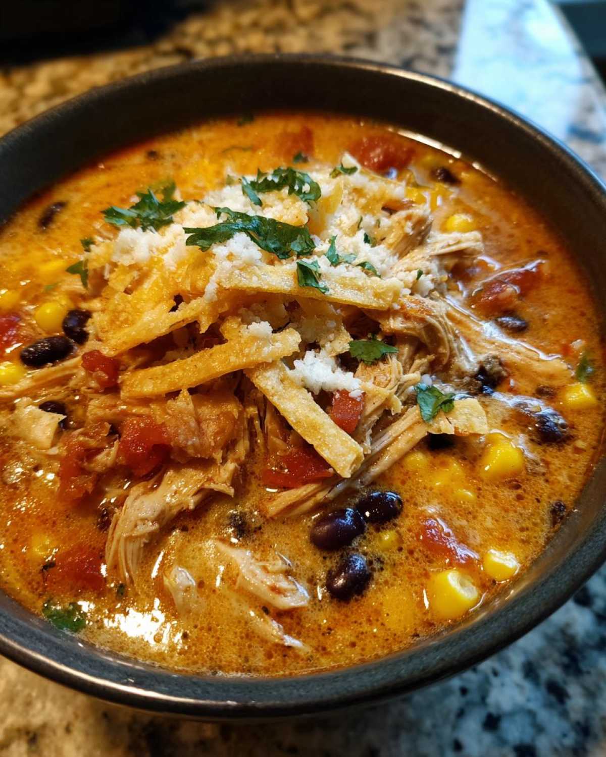 Close-up of a rich, creamy chicken tortilla soup topped with shredded chicken, black beans, corn, tortilla strips, and cheese.