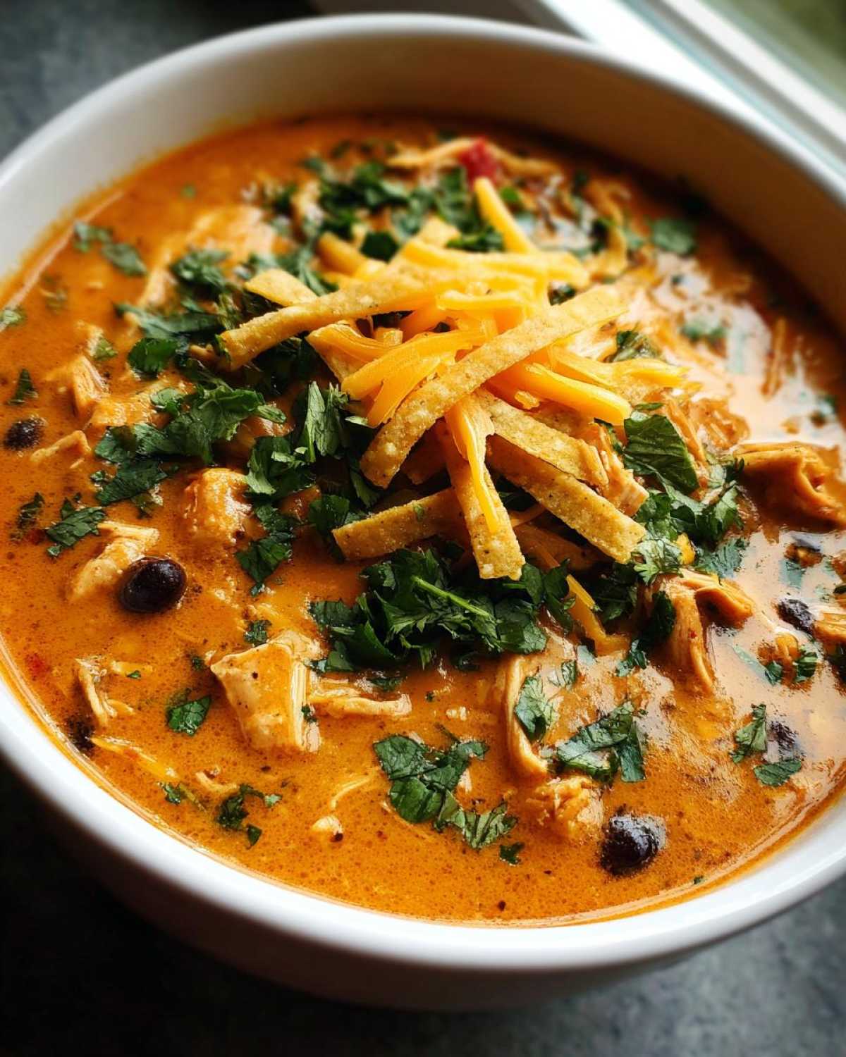 A close-up of a bowl of rich, orange creamy chicken tortilla soup topped with cilantro, shredded cheese, and tortilla strips.
