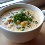 Close-up of creamy chickpea soup topped with whole chickpeas, fresh parsley, and pepper.
