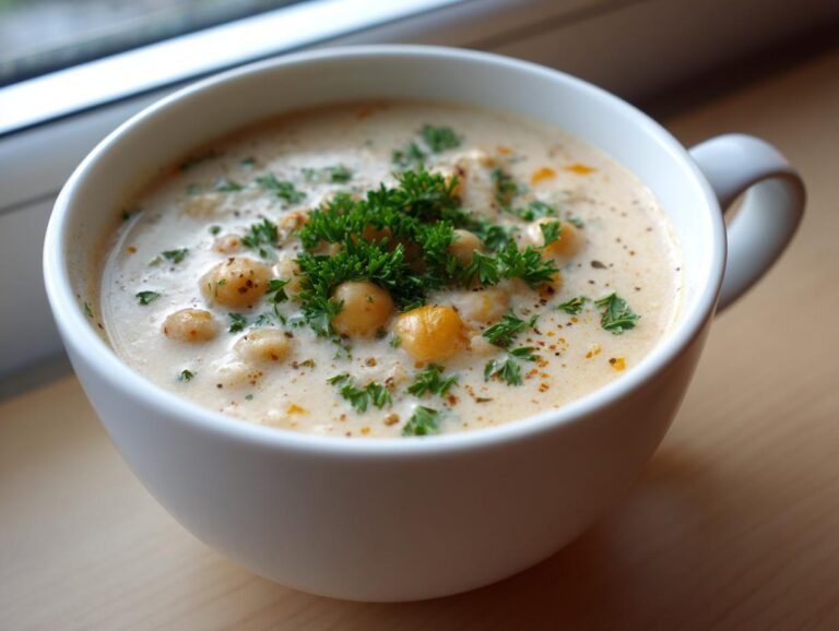 Close-up of creamy chickpea soup topped with whole chickpeas, fresh parsley, and pepper.