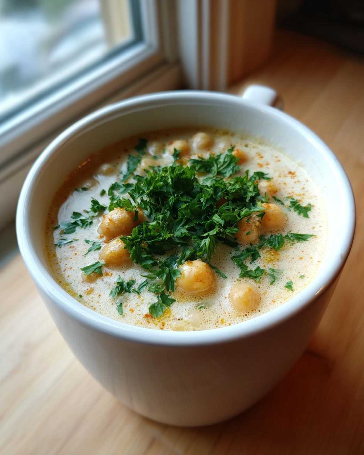 Close-up of a white mug filled with creamy chickpea soup, garnished generously with fresh parsley and whole chickpeas.