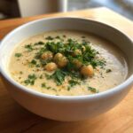 Close-up of a bowl of creamy chickpea soup topped with whole chickpeas, fresh parsley, and black pepper.