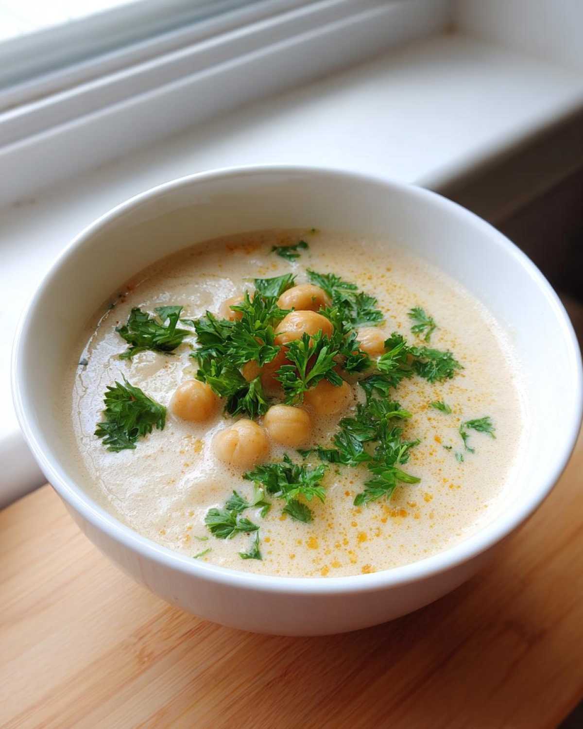 Close-up of a bowl of creamy chickpea soup topped with whole chickpeas and fresh parsley.