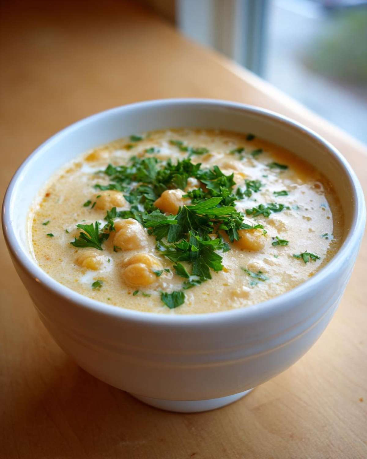 Close-up of a white bowl filled with creamy chickpea soup, topped generously with fresh green parsley.