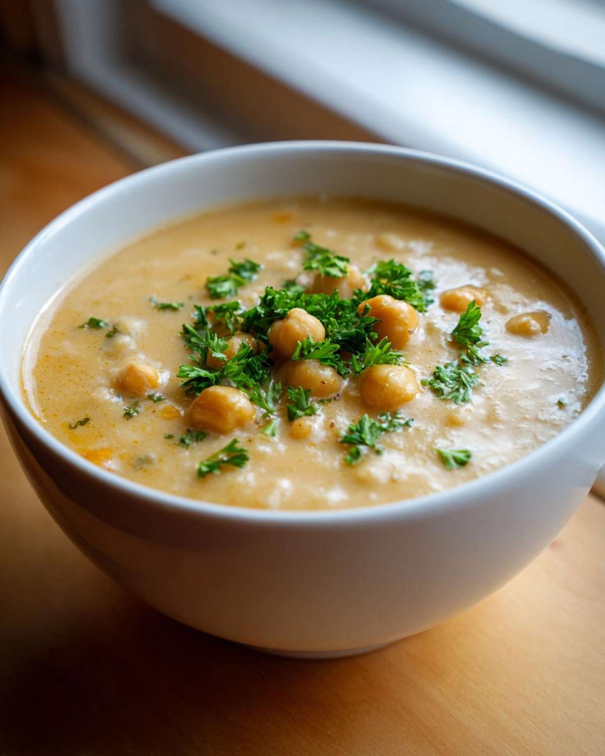Close-up of a white bowl filled with creamy chickpea soup, topped with whole chickpeas and fresh parsley.