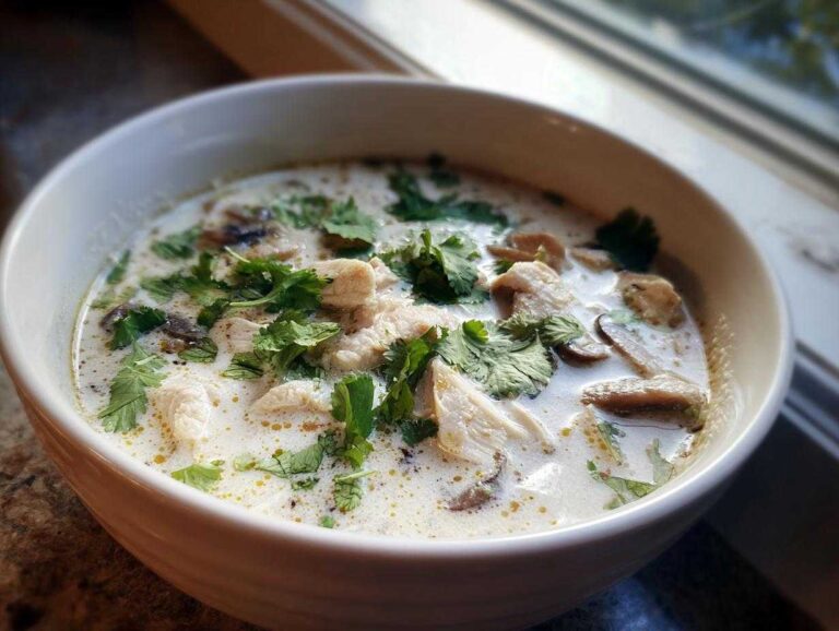 Close-up of a white bowl filled with creamy coconut soup, featuring chunks of chicken, mushrooms, and fresh cilantro.