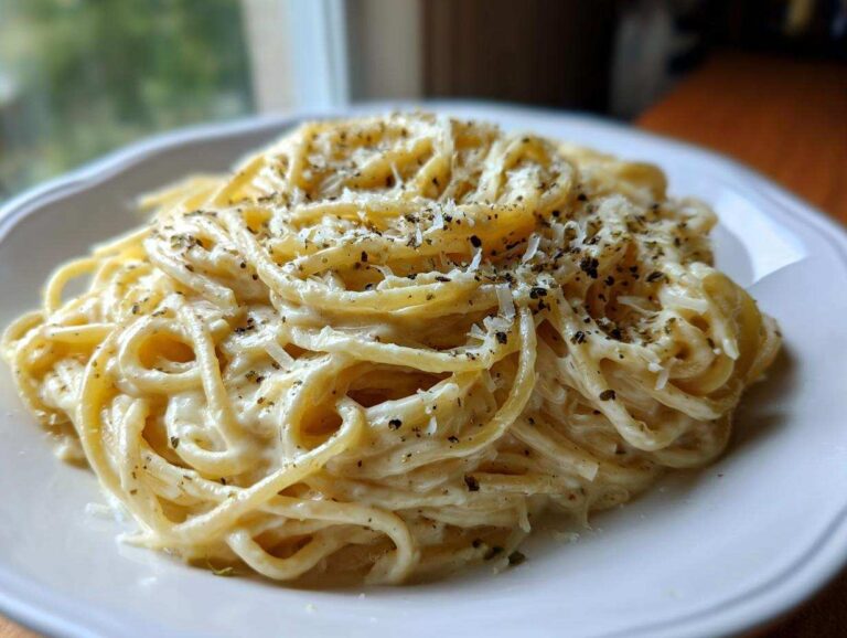 Close-up of creamy spaghetti tossed in a rich sauce, topped with grated cheese and black pepper, representing garlic parmesan pasta.