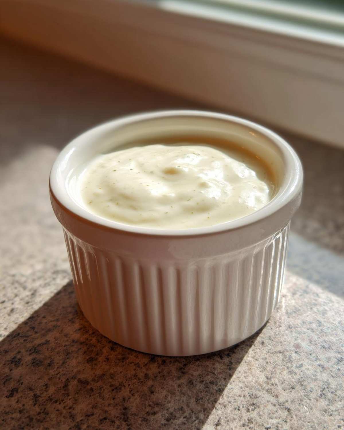 A small white ramekin filled with creamy, pale yellow homemade garlic sauce, sitting on a speckled countertop.
