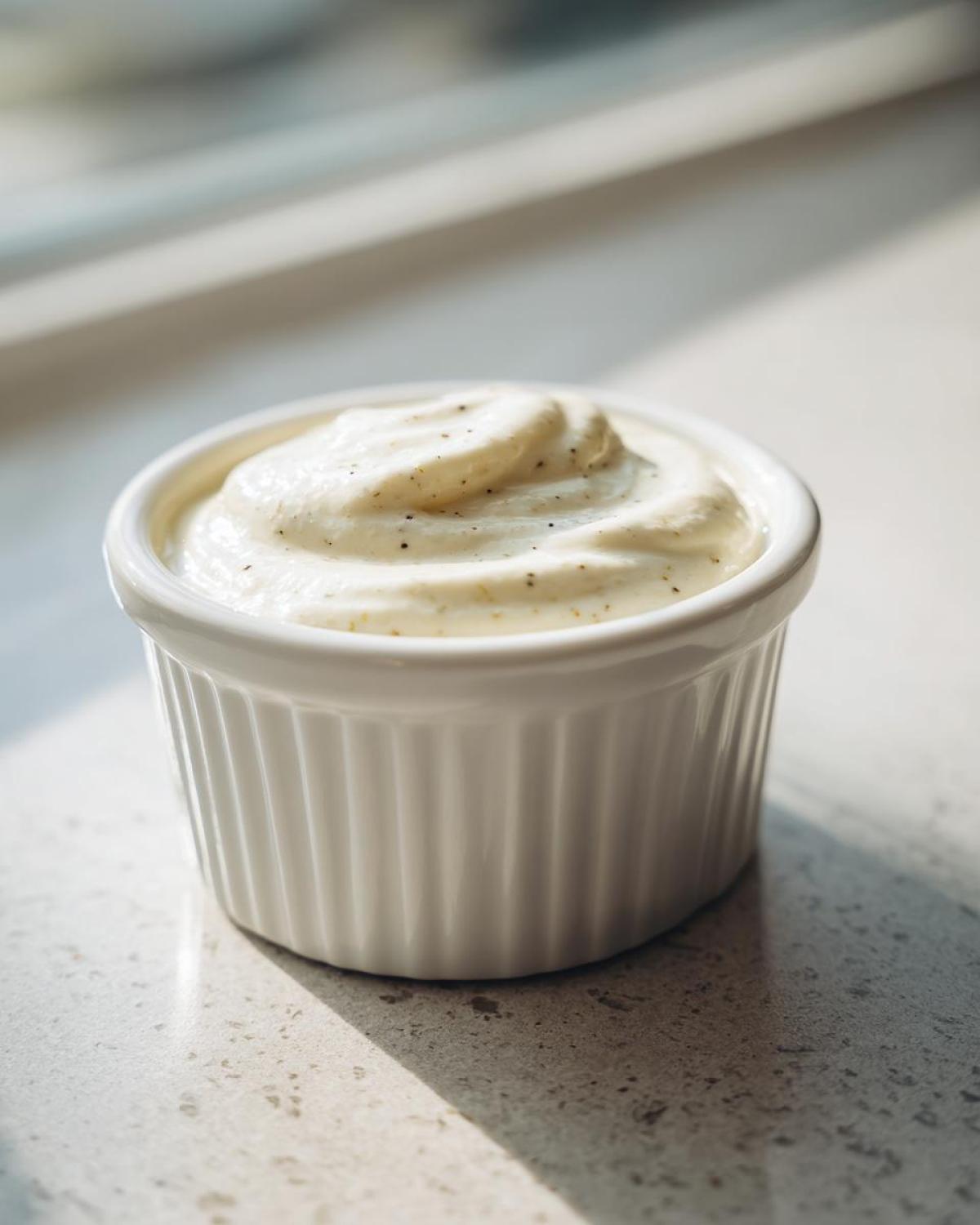 A small white ramekin filled with thick, creamy garlic sauce, speckled with pepper.