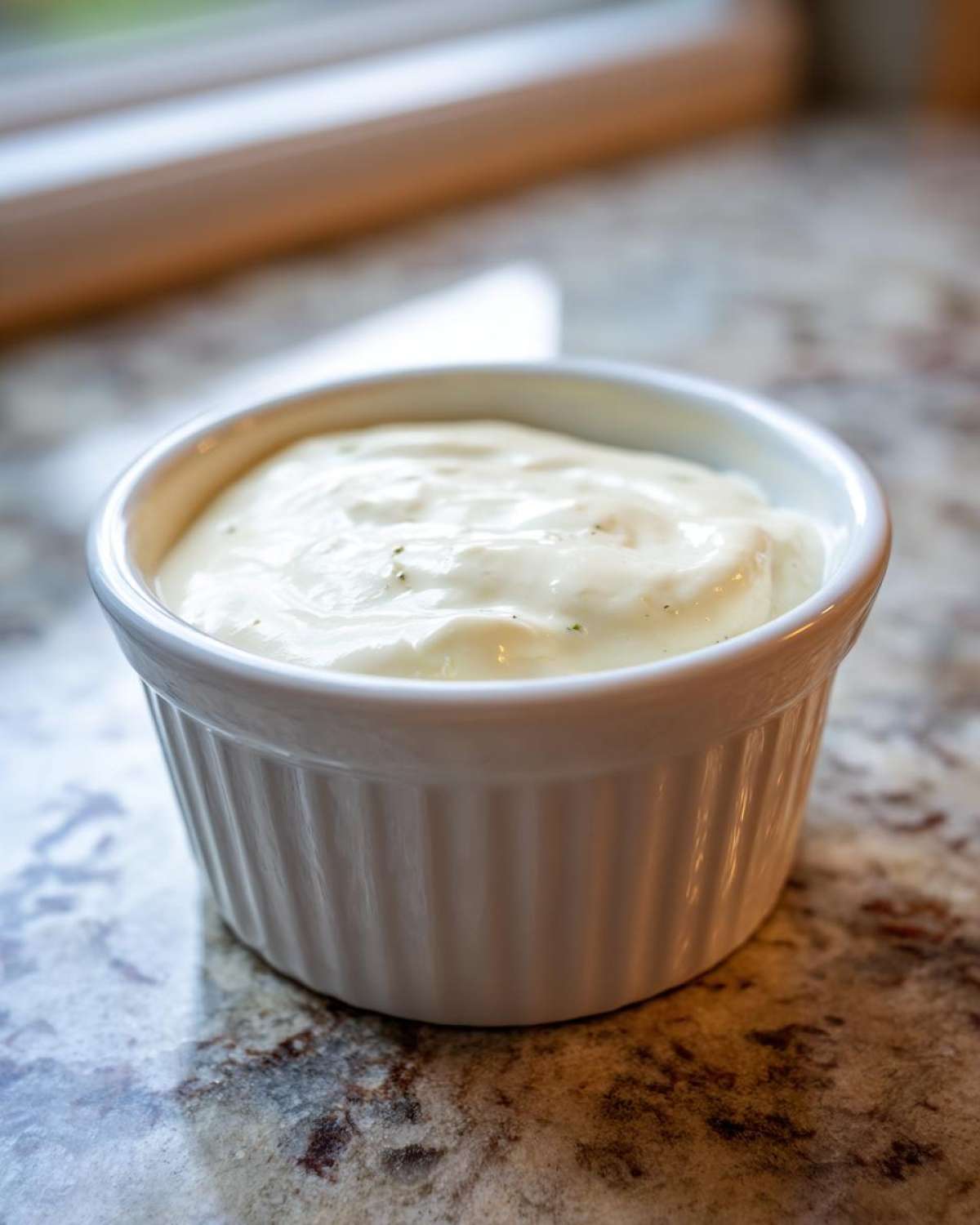 Close-up of creamy, white homemade garlic sauce served in a small, ribbed white ramekin.