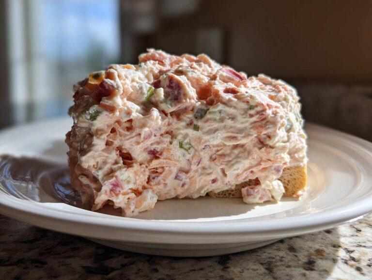 A generous scoop of creamy ham salad recipe piled high on a slice of bread, served on a white plate.