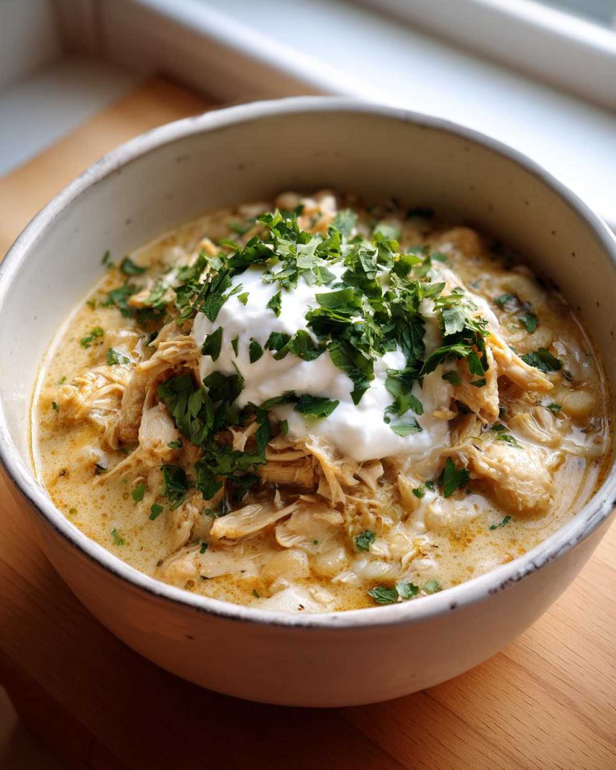 A close-up of a creamy bowl of keto white chicken chili topped with sour cream and fresh chopped cilantro.