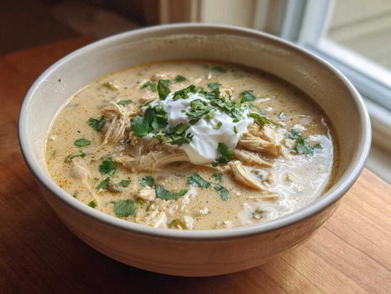 A close-up of a bowl of creamy keto white chicken chili topped with sour cream and fresh cilantro.
