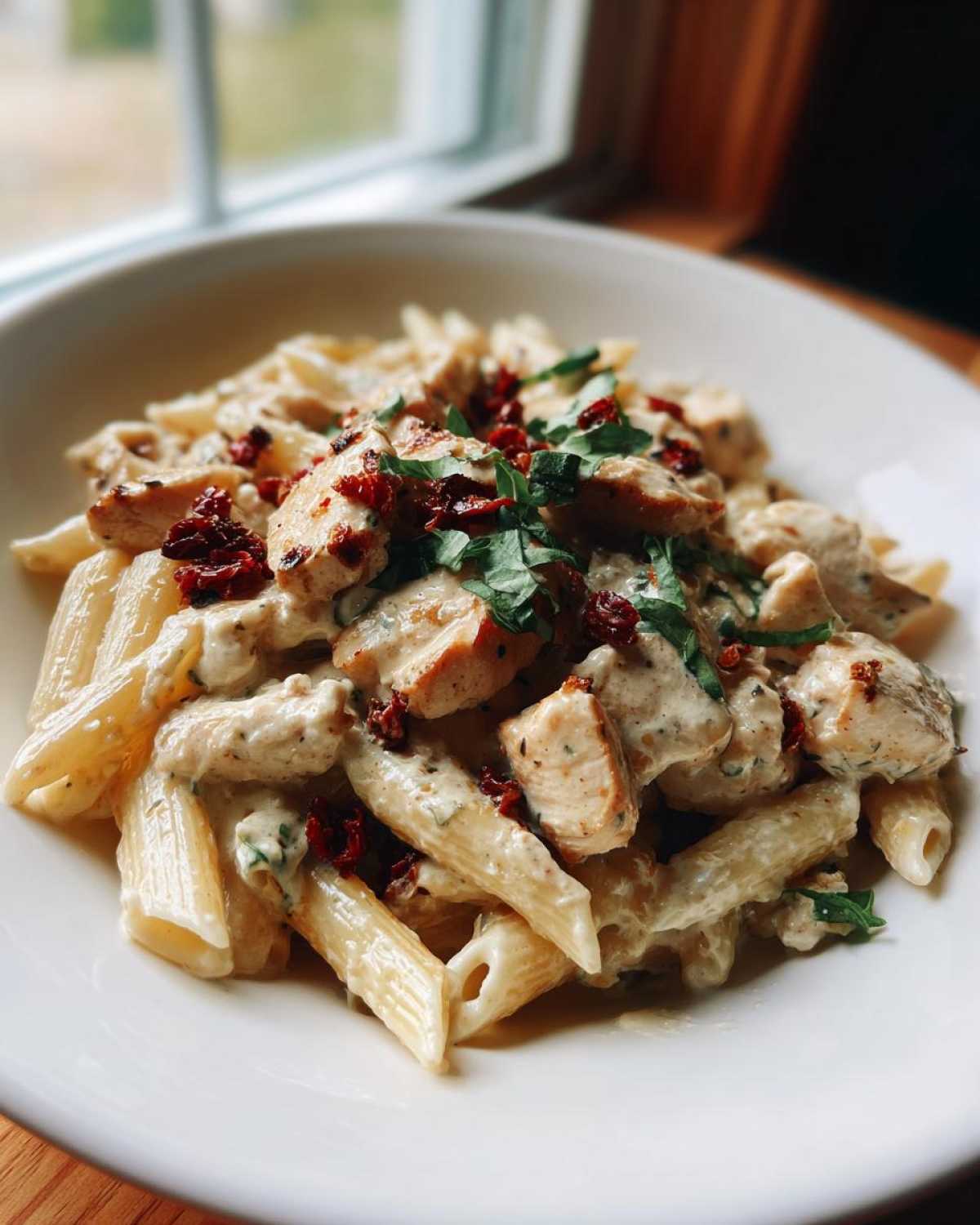 Close-up of creamy marry me chicken pasta with sun-dried tomatoes and fresh basil in a white bowl.
