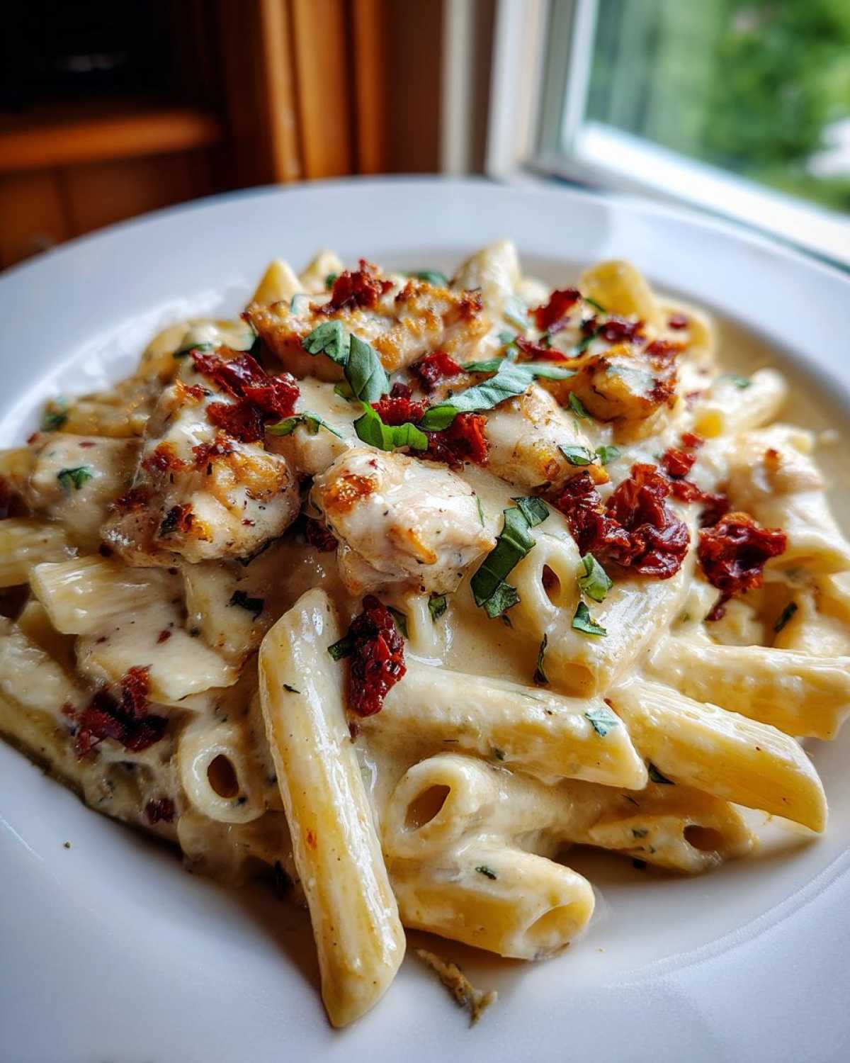 A close-up of a white bowl filled with creamy marry me chicken pasta, topped with chicken pieces, sun-dried tomatoes, and fresh basil.