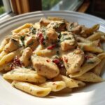 A close-up, appetizing shot of creamy marry me chicken pasta featuring penne, chunks of chicken, sun-dried tomatoes, and basil.