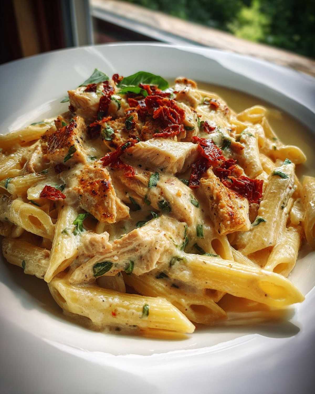 A close-up of creamy marry me chicken pasta featuring penne, seasoned chicken pieces, and sun-dried tomatoes in a white bowl.