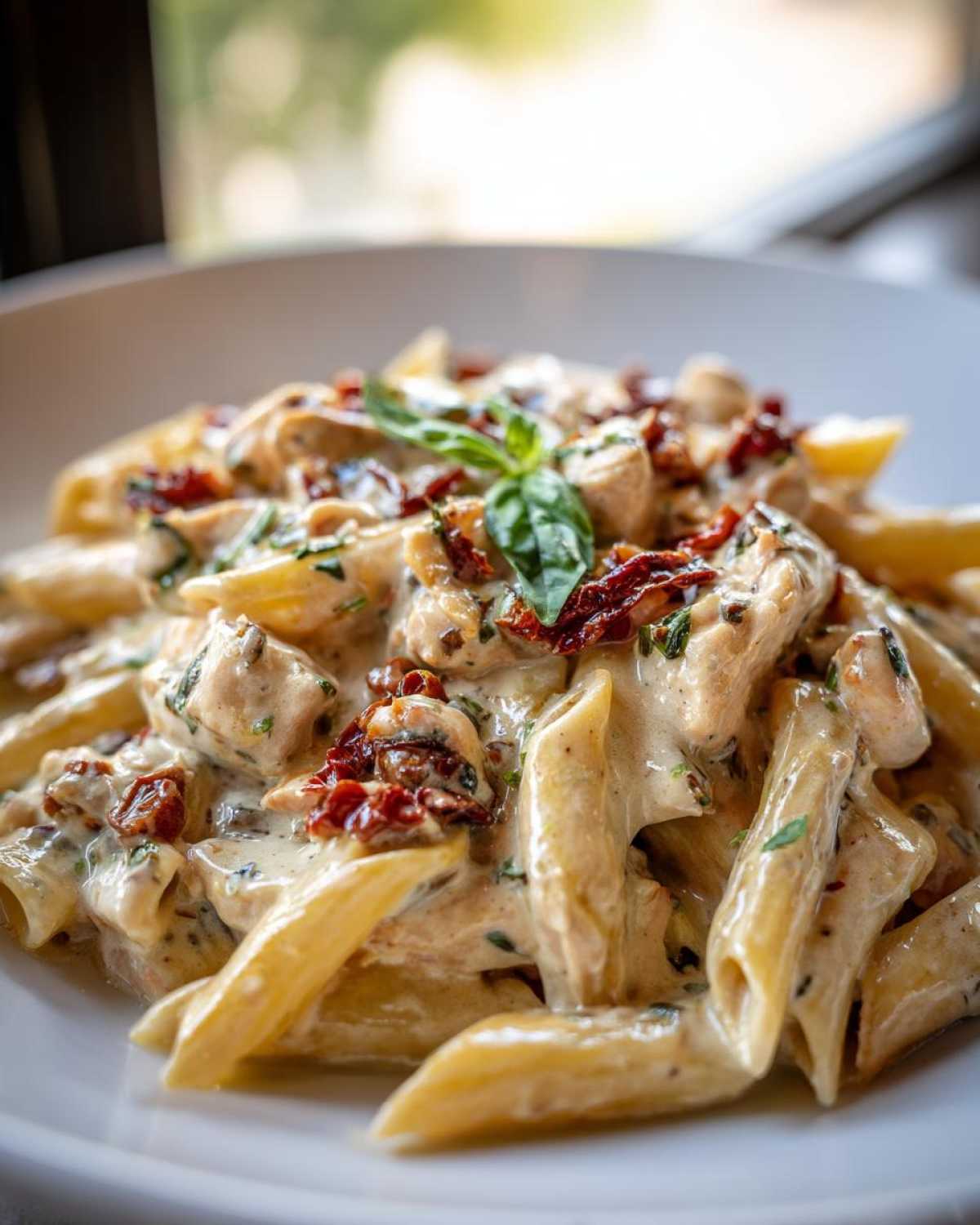 Close-up of creamy marry me chicken pasta featuring penne, chicken pieces, and sun-dried tomatoes, garnished with basil.