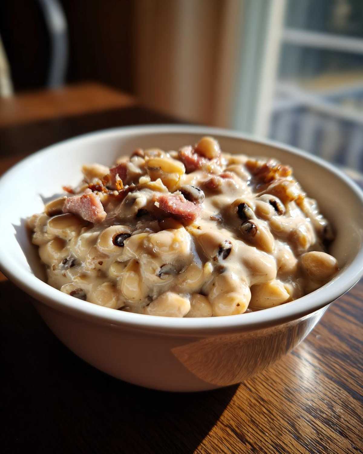 Close-up of a white bowl filled with creamy black eyed peas and chunks of ham, sitting on a wooden table.