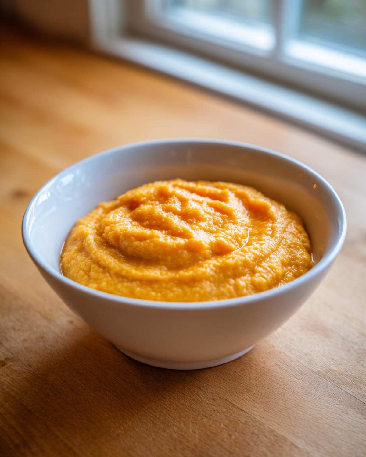 A close-up of creamy, orange-colored cheese grits served in a white bowl on a wooden surface.