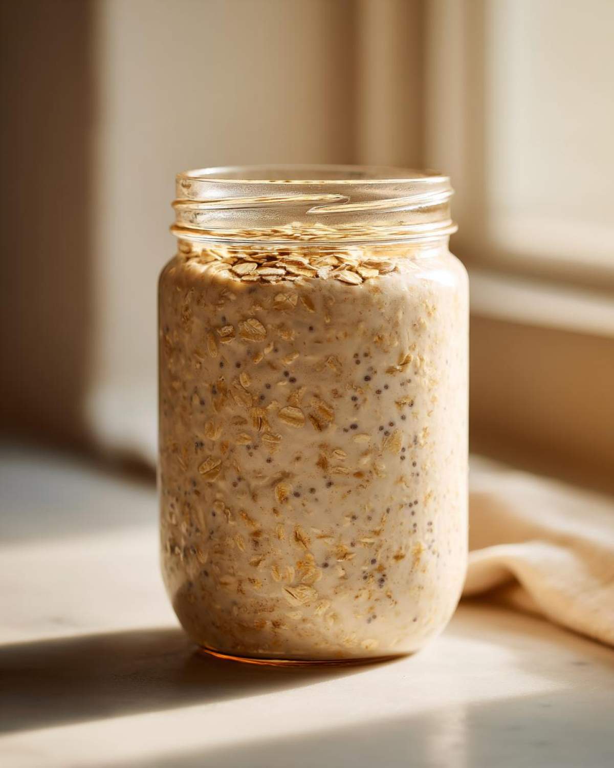 A jar filled with creamy overnight oats mixed with chia seeds, ready for breakfast.