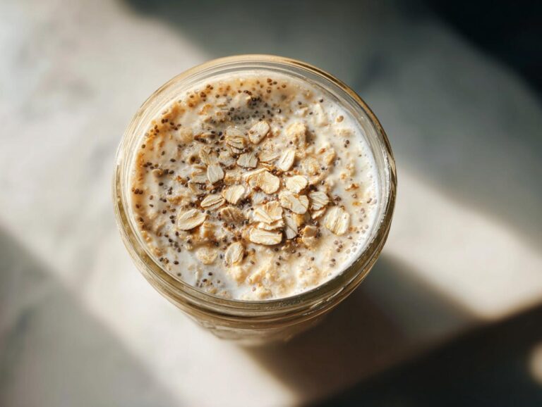 Overhead view of creamy overnight oats topped with rolled oats and chia seeds in a glass jar.