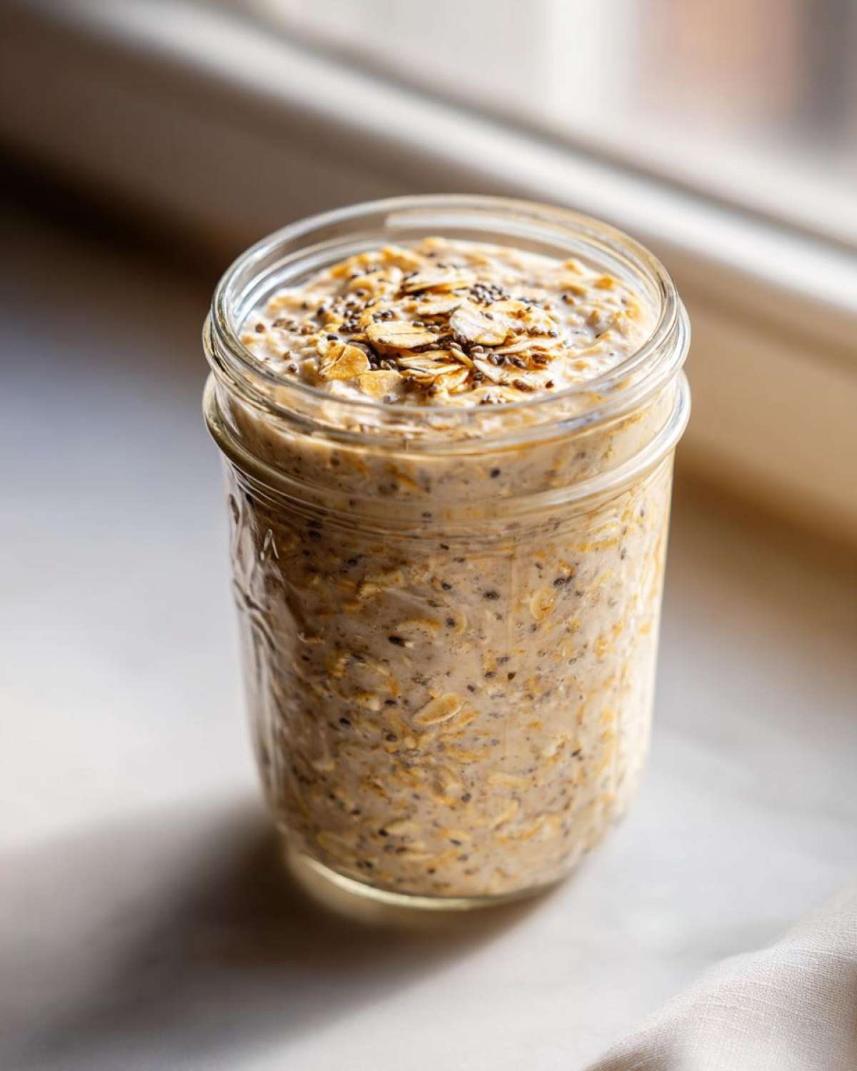 A close-up of creamy overnight oats in a glass jar, topped with whole rolled oats and chia seeds.