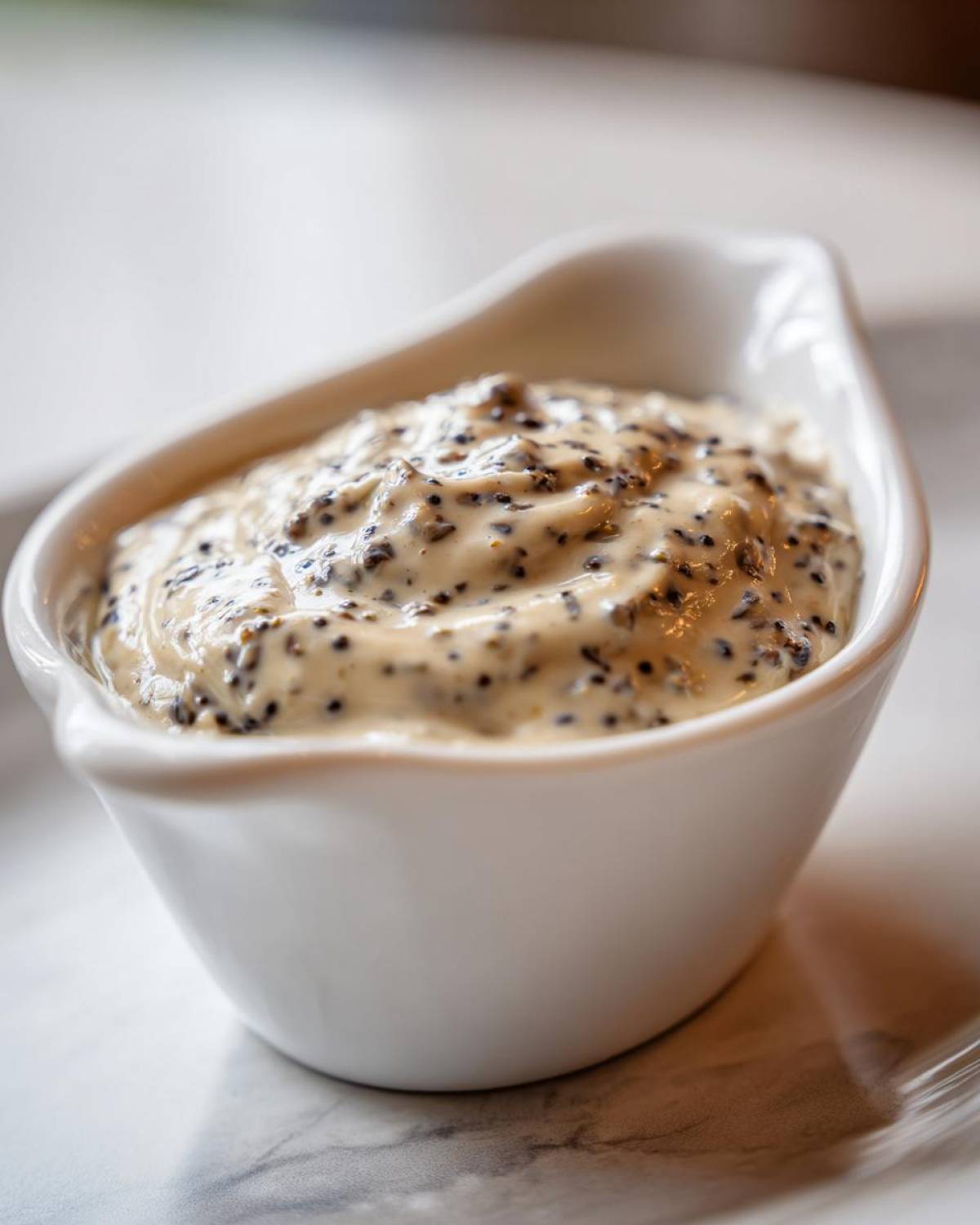 Close-up of rich, creamy peppercorn sauce speckled heavily with black peppercorns, served in a small white gravy boat.