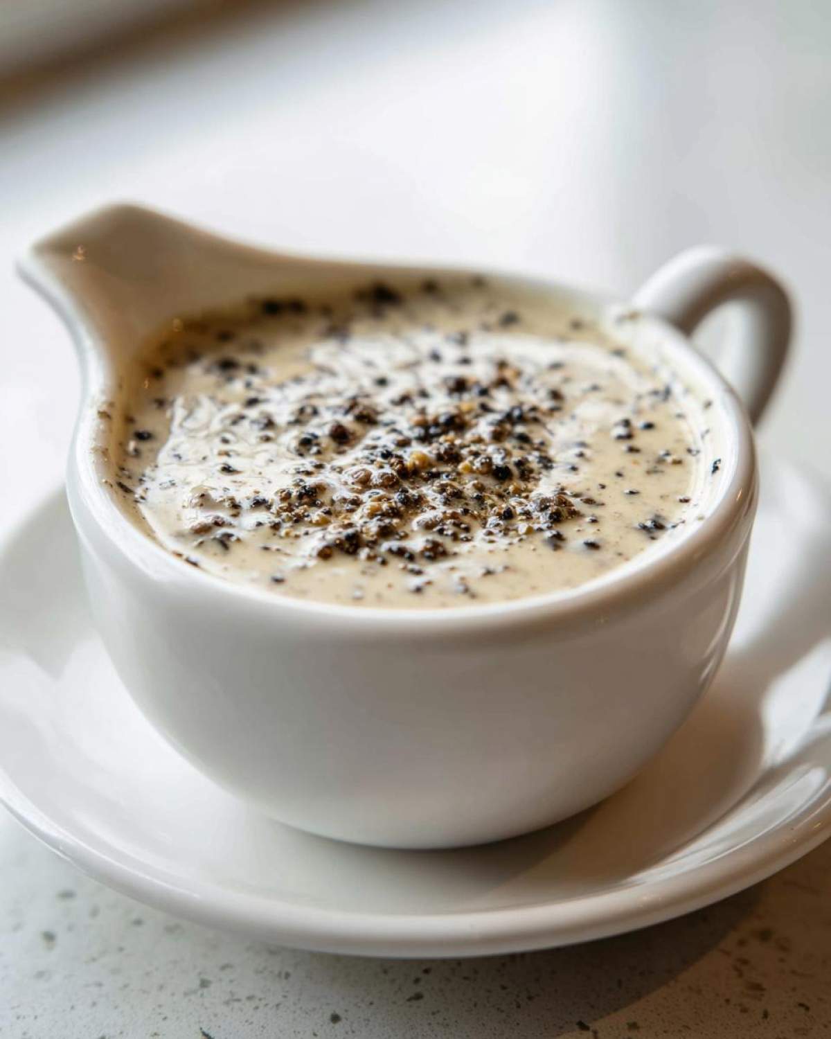 Close-up of rich, creamy peppercorn sauce generously topped with cracked black peppercorns in a small white gravy boat.