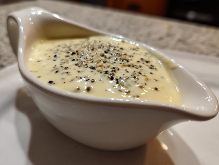 Close-up of creamy peppercorn sauce topped with cracked black and white peppercorns, served in a white gravy boat.