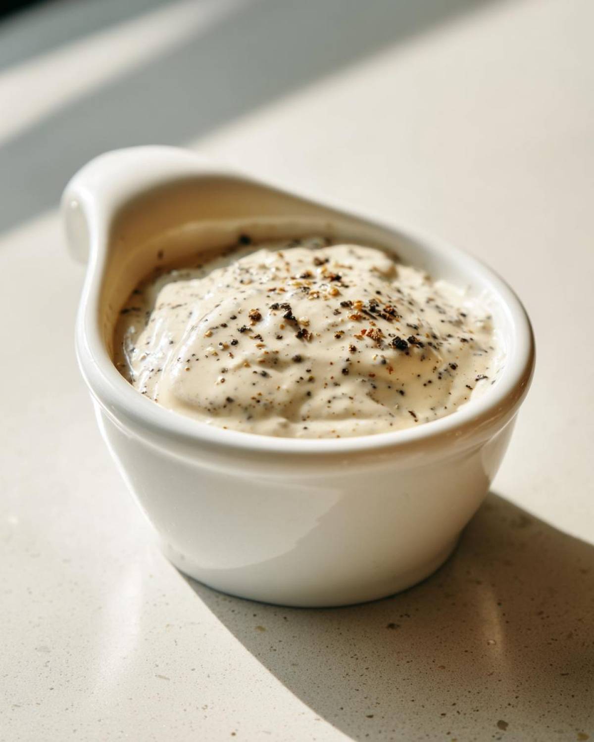 A close-up of rich, creamy peppercorn sauce topped with cracked black pepper in a small white serving dish.