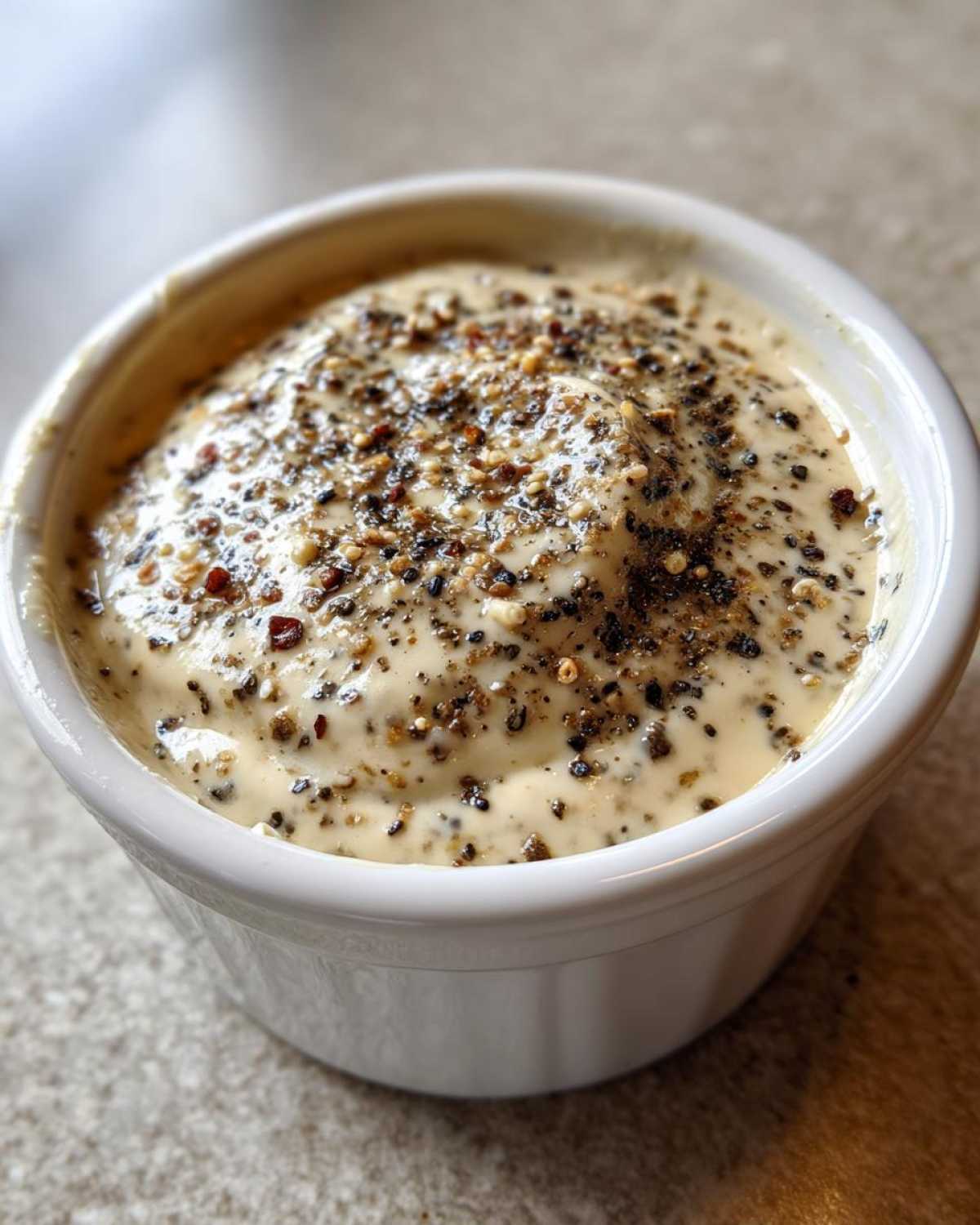 Close-up of creamy peppercorn sauce served in a white ramekin, generously topped with cracked black and mixed peppercorns.