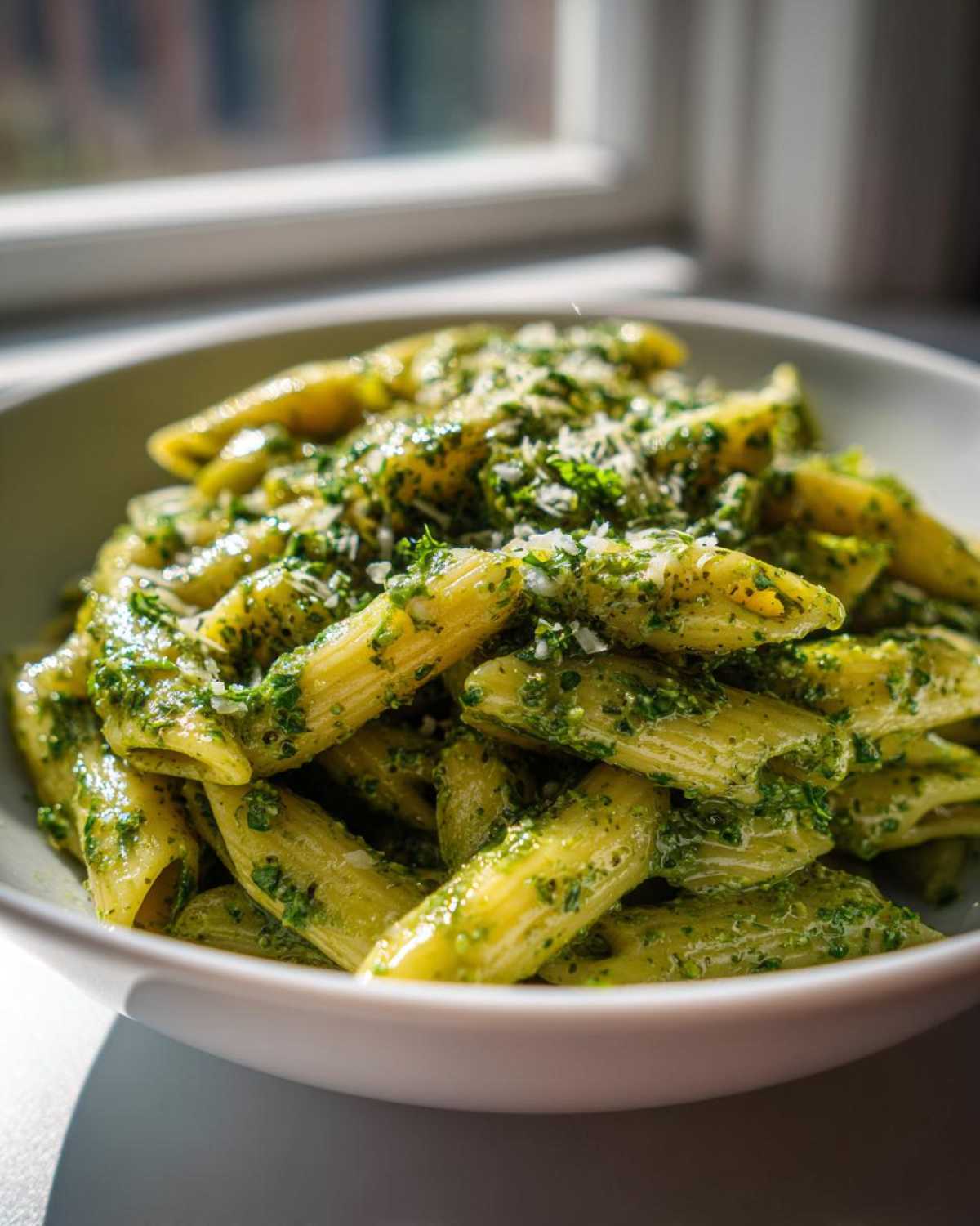 Close-up of penne pasta coated in vibrant green creamy pesto pasta, topped with grated Parmesan.