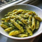 A close-up of penne pasta coated in vibrant green creamy pesto pasta sauce, topped with grated cheese.